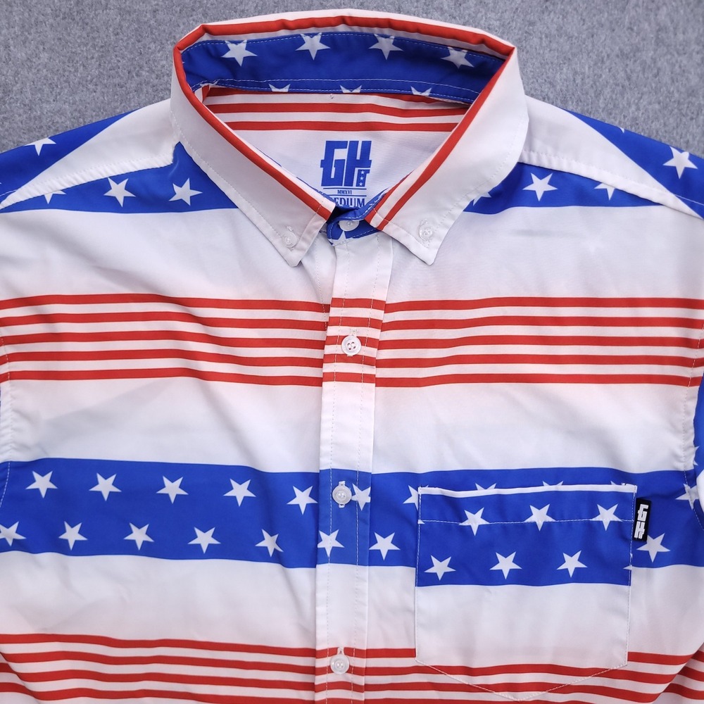 Greater Half Shirt Mens Medium Red White Blue Patriotic American Flag Button Up